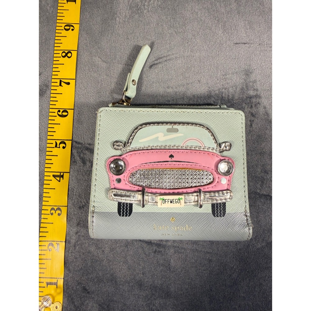 Kate Spade Bifold Wallet Mint Green w/Pink Car Saffiano Leather Striped Lining